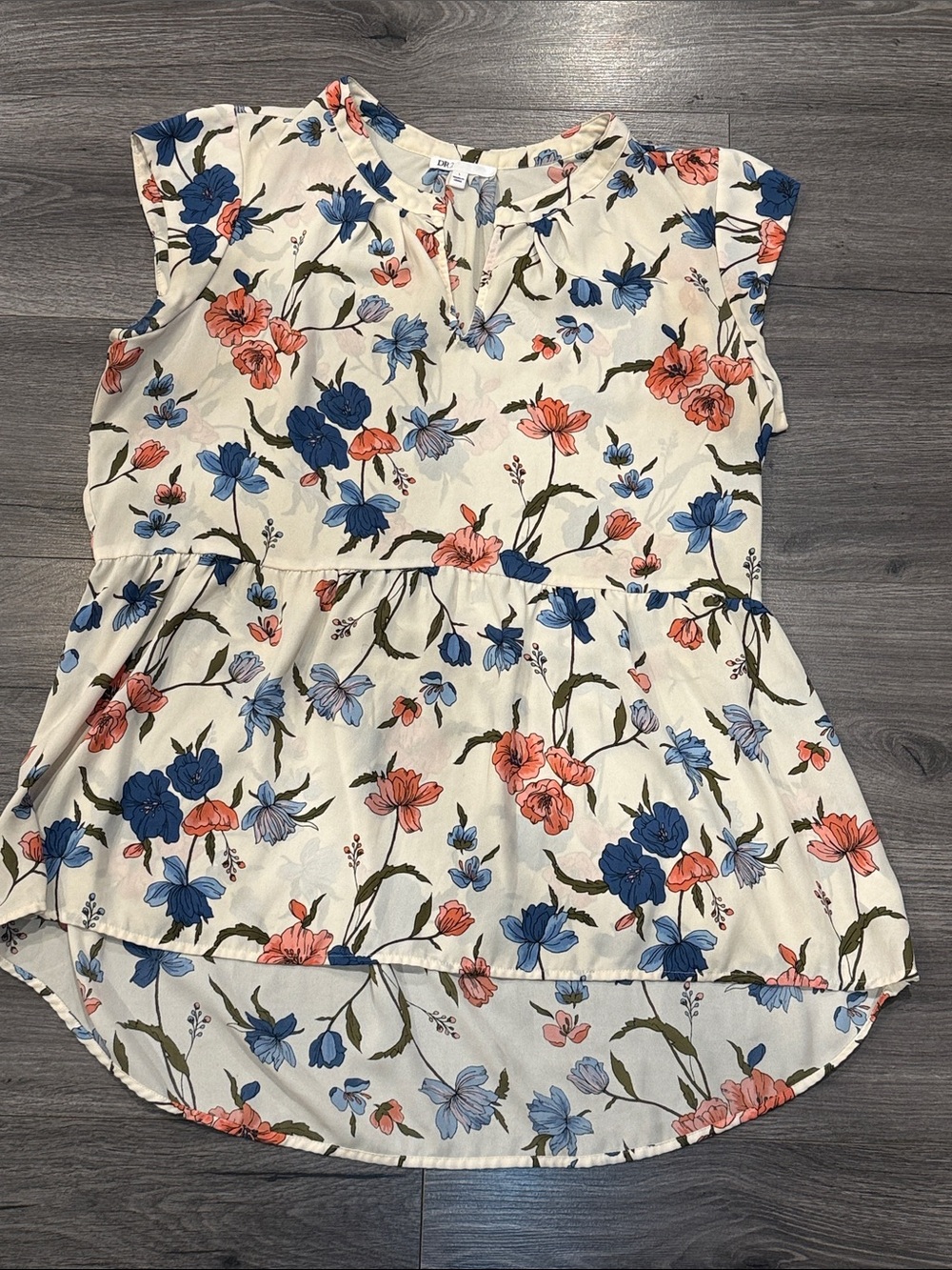 DR2 Cream Peplum Top Blue & Coral Floral Print Business Casual spring summer